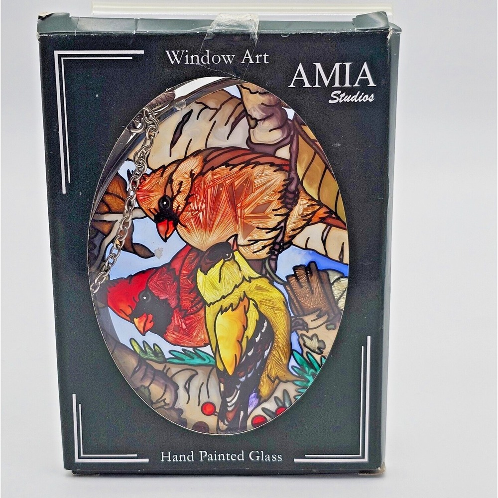 AMIA Studios Hand Painted Glass Window Art Suncatcher Cardinals Goldfinch Birds